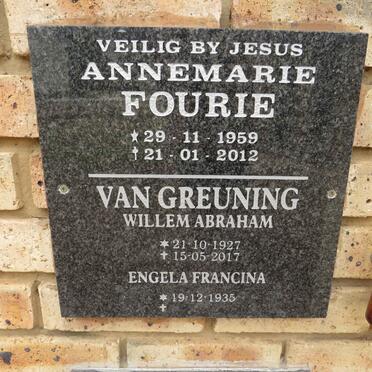 GREUNING Willem Abraham 1927-2017 & Engela Francina 1935- & :: FOURIE Annemarie 1959-2012