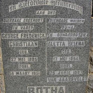 BOTHA George Frederick Christiaan 1886-1951 &amp; Aletta Helena 1894-1997