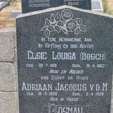 BOSMAN Adriaan Jacobus v.d.M. 1908-1988 &amp; Elsie Louisa BOSCH 1919-1967