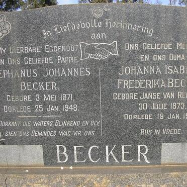 BECKER Stephanus Johannes 1871-1948 &amp; Johanna Isabella Frederika JANSE VAN RENSBURG 1873-1954