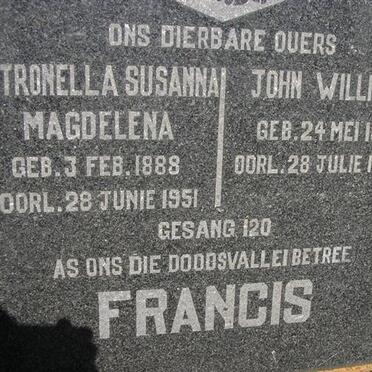 FRANCIS John William 1879-1948 &amp; Petronella Susanna Magdalena 1888-1951