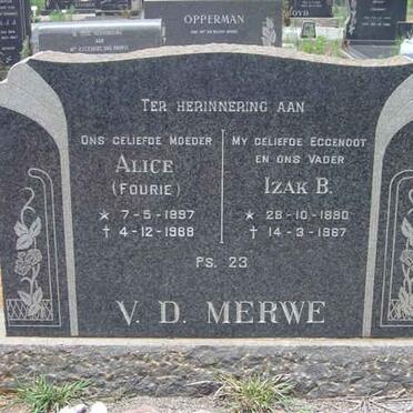 MERWE Izak B., v.d. 1880-1967 &amp; Alice FOURIE 1897-1988