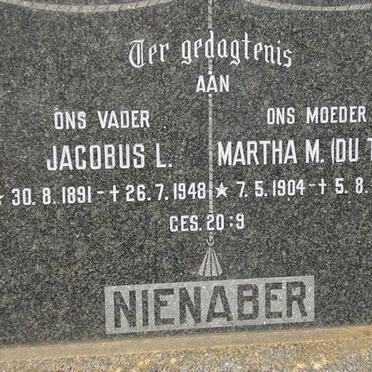 NIENABER Jacobus L. 1891-1948 &amp; Martha M. DU TOIT 1904-1991