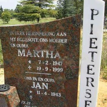 PIETERSE Jan 1943- &amp; Martha 1947-1999