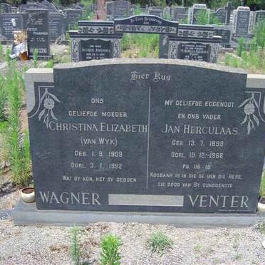 VENTER Jan Herculaas 1899-1966 :: WAGNER Christina Elizabeth voorheen VENTER nee VAN WYK  1909-1992