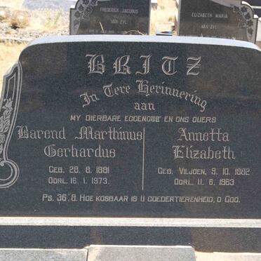 BRITZ Barend Marthinus Gerhardus 1881-1973 &amp; Annetta Elizabeth VILJOEN 1882-1963