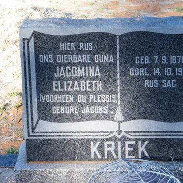 KRIEK Jacomina Elizabeth voorheen DU PLESSIS nee JACOBS 1876-1969