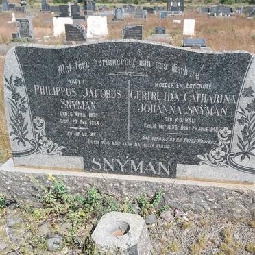 SNYMAN Philippus Jacobus 1879-1954 &amp; Gertruida Catharina Johanna V.D. WALT 1886-1949
