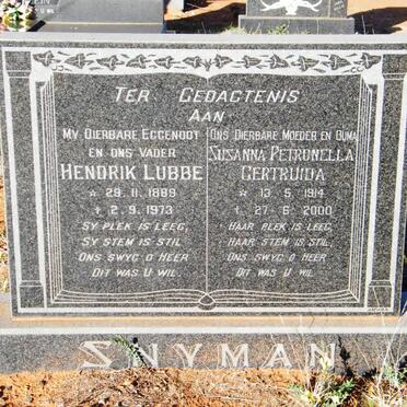 SNYMAN Hendrik Lubbe 1889-1973 &amp; Susanna Petronella Gertruida 1914-2000