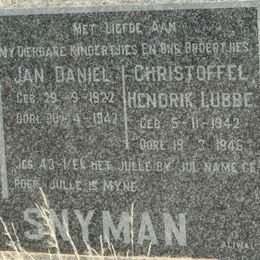SNYMAN Jan Daniel 1922-1942 :: SNYMAN Christoffel Hendrik Lubbe 1942-1946