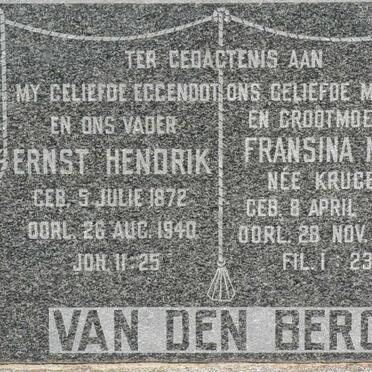 BERG Ernst Hendrik, van den 1872-1940 &amp; Fransina M.S. KRUGER 1887-1974