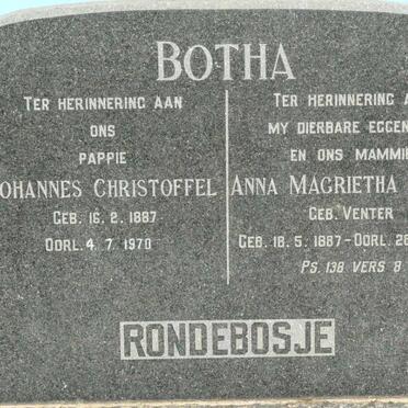 BOTHA Johannes Christoffel 1887-1970 &amp; Anna Magrietha Aletta VENTER 1887-1956