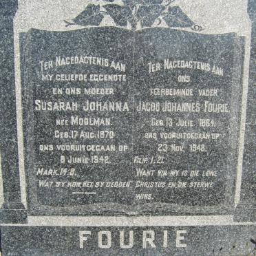 FOURIE Jacob Johannes 1964-1948 &amp; Susarah Johanna MOOLMAN 1870-1942  