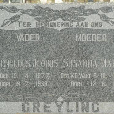 GREYLING Arnoldus Jacobus 1877-1939 &amp; Susanna Maria V.D. WALT 1886-1959