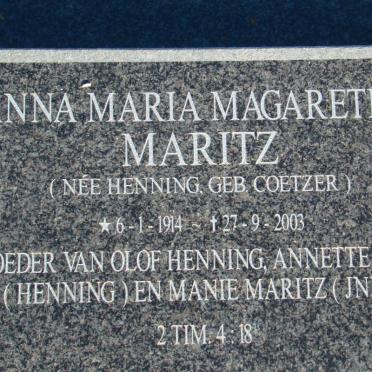 MARITZ Anna Maria Magaretha formerly HENNING nee COETZER 1914-2003