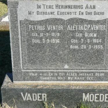 VENTER Petrus 1879-1956 &amp; Aletta C.P. BLOEM 1884-1955