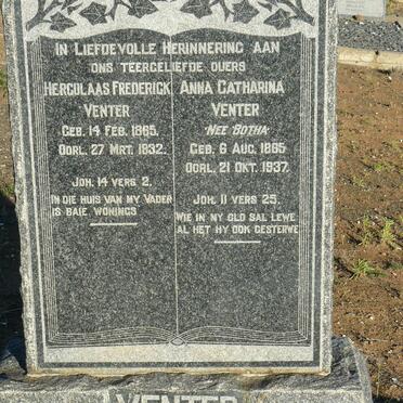 VENTER Herculaas Frederick 1865-1932 &amp; Anna Catharina BOTHA 1865-1937