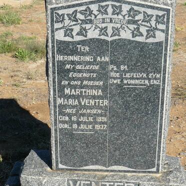 VENTER Marthina Maria nee JANSEN 1891-1937