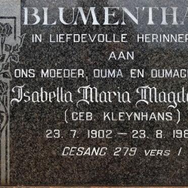 BLUMENTHAL Isabella Maria Magdalena nee KLEYNHANS 1902-1988