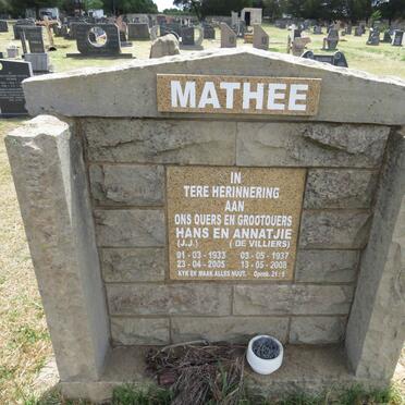 MATHEE J.J. 1933-2005 & Annatjie DE VILLIERS 1937-2008