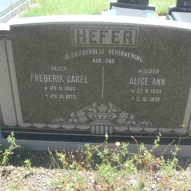 HEFER Frederik Carel 1905-1973 &amp; Alice Ann 1904-1972
