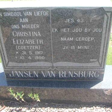 RENSBURG Christina Elizabeth, Jansen van nee COETZER 1917-1990