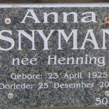 SNYMAN Anna nee HENNING 1925-2015