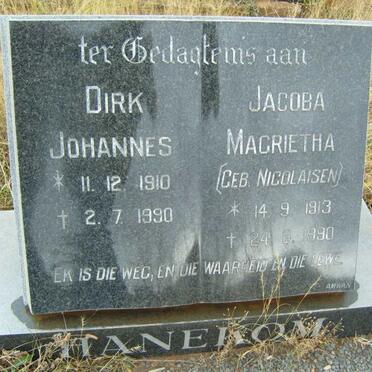 HANEKOM Dirk Johannes 1910-1990 &amp; Jacoba Magrietha NICOLAISEN 1913-1990