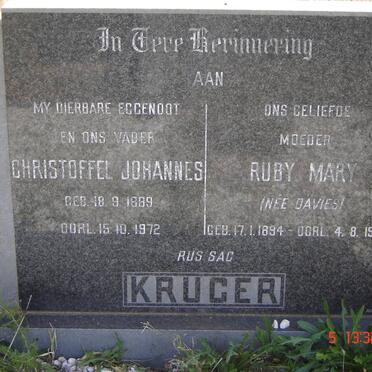 KRUGER Christoffel Johannes 1889-1972 &amp; Ruby Mary DAVIES 1894-1989