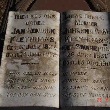 KLEYNHANS Jan Hendrik 1822-1902 &amp; Johanna C.M. SWANEPOEL 1830-1903