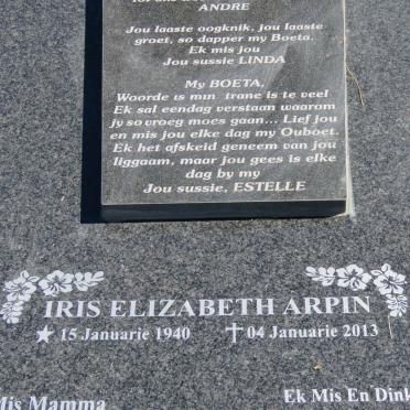 ARPIN Iris Elizabeth 1940-2013 :: ARPIN Anton Bernard 1961-2007