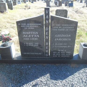 BERG Giedion Jakobus, van den 1933-2000 &amp; Martha Aletta LOUW 1932-2008