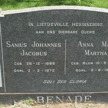 BENADE Sanius Johannes Jacobus 1889-1972 &amp; Anna Maria Martha BLOM 1898-1964