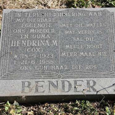 BENDER Hendrina M. nee COX 1923-1988