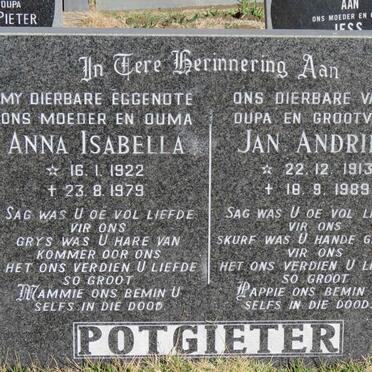 POTGIETER Jan Andries 1913-1989 &amp; Anna Isabella 1922-1979