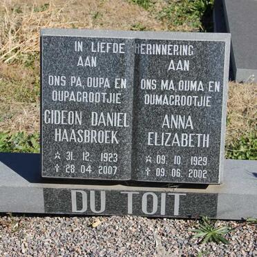 TOIT Gideon Daniel Haasbroek, du 1923-2007 &amp; Anna Elizabeth 1929-2002