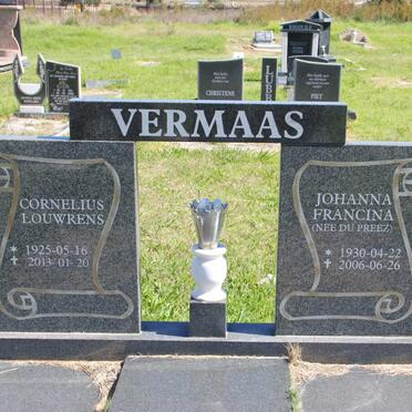 VERMAAS Cornelius Louwrens 1925-2013 &amp; Johanna Francina DU PREEZ 1930-2006