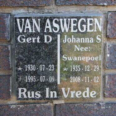 ASWEGEN Gert D., van 1930-1995 &amp; Johanna S. SWANEPOEL 1935-2008