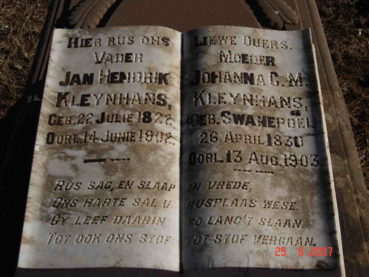 KLEYNHANS Jan Hendrik 1822-1902 &amp; Johanna C.M. SWANEPOEL 1830-1903