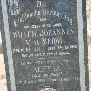 MERWE Willem Johannes, v.d. 1891-1949 &amp; Aletta DE KOCK 189?-1992