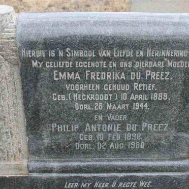 PREEZ Philip Antonie, du 1898-1980 &amp;  Emma Fredrika RETIEF nee HECKROODT 1888-1944