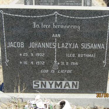SNYMAN Jacob Johannes 1902-1972 &amp; Lazyja Susanna BOTHMA 1914-