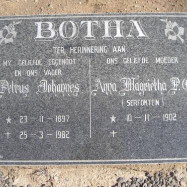 BOTHA Petrus Johannes 1897-1982 &amp; Anna Magrietha P.C. SERFONTEIN 1902-