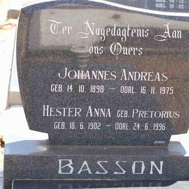 BASSON Johannes Andreas 1898-1975 &amp; Hester Anna PRETORIUS 1902-1996