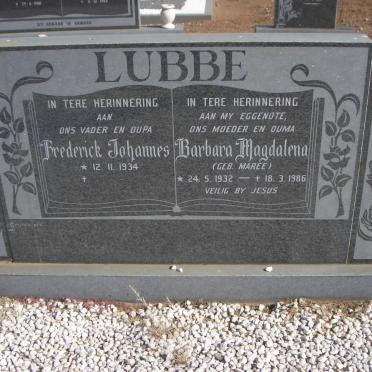 LUBBE Frederick Johannes 1934- &amp; Barbara Magdalena MAREE 1932-1986