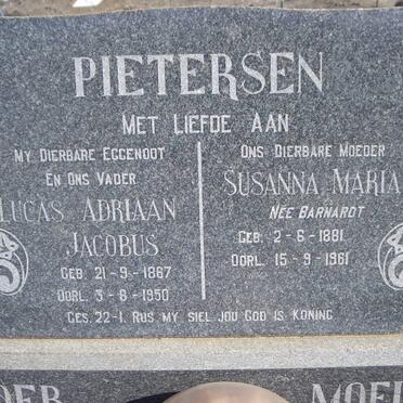 PIETERSEN Lucas Adriaan Jacobus 1867-1950 &amp; Susanna Maria BARNARDT 1881-1961