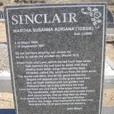 SINCLAIR Martha Susanna Adriana nee LUBBE 1904-1997