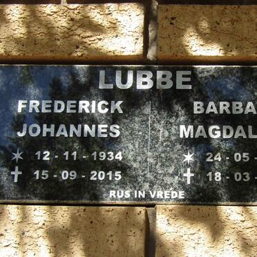 LUBBE Frederick Johannes 1934-2015 &amp; Barbara Magdalena 1932-1986