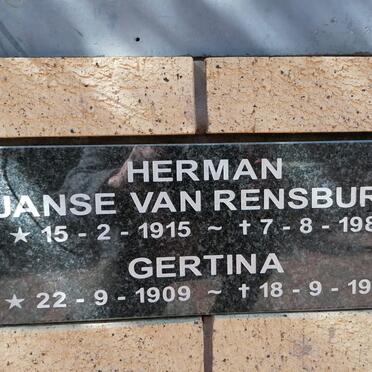 RENSBURG Herman, Janse Van 1915-1980 &amp; Gertina 1909-1907