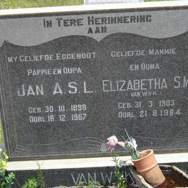 WYK Jan A.S.L., van 1898-1967 &amp; Elizabetha S.M. VAN WYK 1903-1984